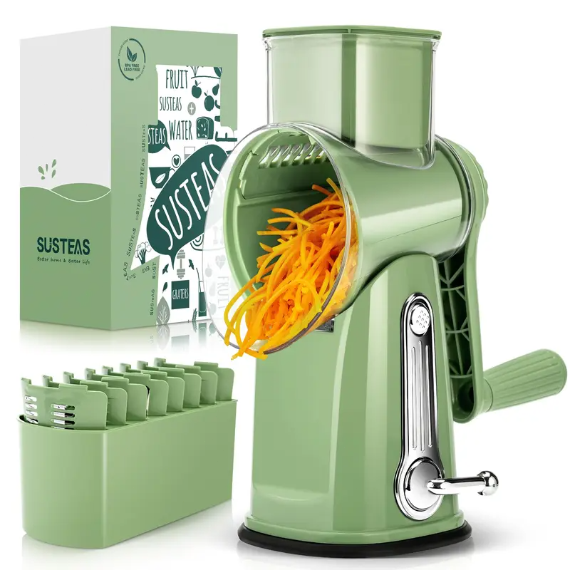 Rotary Cheese Grater & Vegetable Slicer – 5 Stainless Steel Blades, Manual Food Shredder with Strong Suction Cup Base, Easy-Turn Handle for Cheese, Vegetables & More