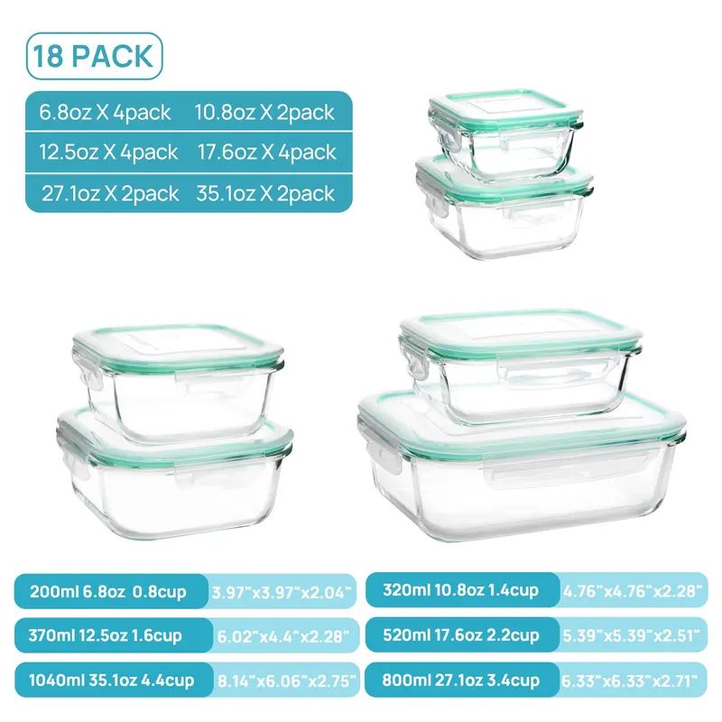 18-Pack Glass Food Storage Containers with Airtight Lids – Stackable Meal Prep Set for Kitchen Organization, Lunch, Oven, Microwave & Freezer Safe