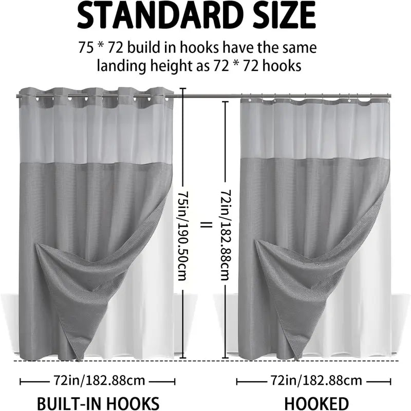 Upgrade Your Bathroomwith a No-Hook DoubleShower Curtain -Waterproof Fabric, Snap-In Liner, Easy Installation& Washable Design, 72" x75"