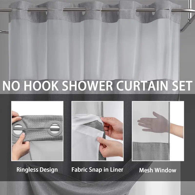 Upgrade Your Bathroomwith a No-Hook DoubleShower Curtain -Waterproof Fabric, Snap-In Liner, Easy Installation& Washable Design, 72" x75"