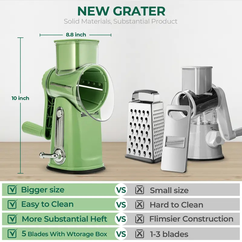 Rotary Cheese Grater & Vegetable Slicer – 5 Stainless Steel Blades, Manual Food Shredder with Strong Suction Cup Base, Easy-Turn Handle for Cheese, Vegetables & More