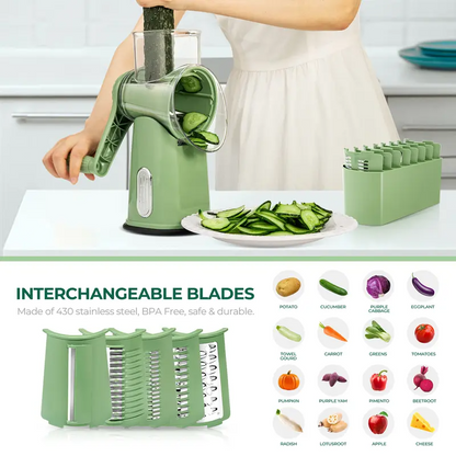 Rotary Cheese Grater & Vegetable Slicer – 5 Stainless Steel Blades, Manual Food Shredder with Strong Suction Cup Base, Easy-Turn Handle for Cheese, Vegetables & More