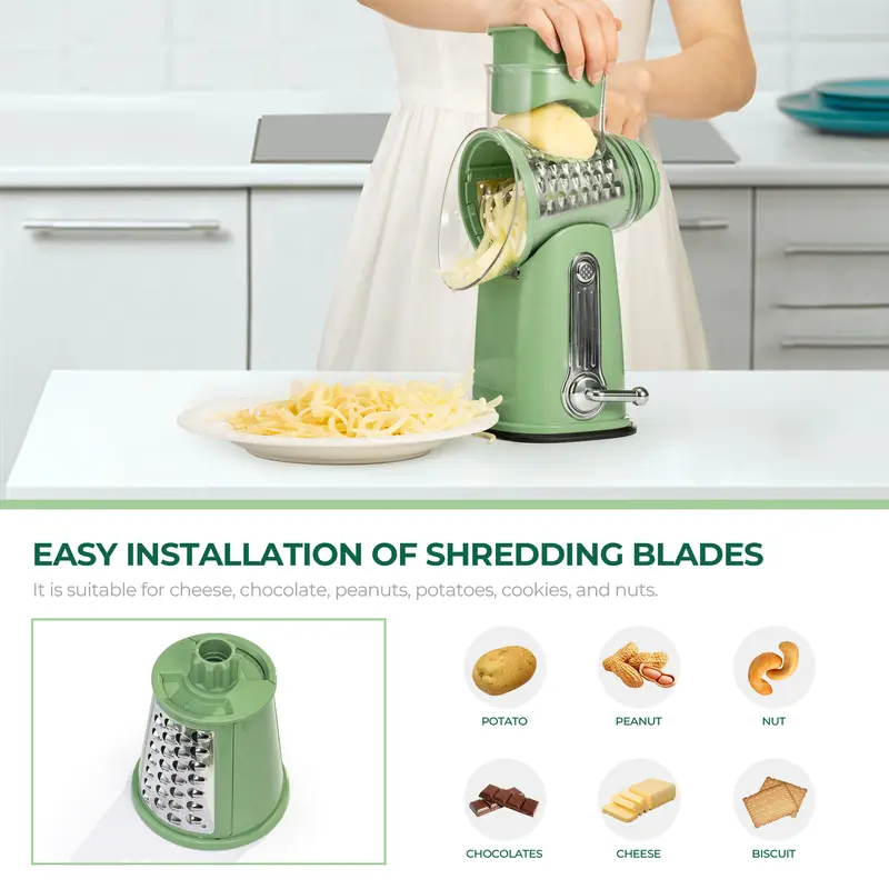 Rotary Cheese Grater & Vegetable Slicer – 5 Stainless Steel Blades, Manual Food Shredder with Strong Suction Cup Base, Easy-Turn Handle for Cheese, Vegetables & More