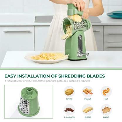 Rotary Cheese Grater & Vegetable Slicer – 5 Stainless Steel Blades, Manual Food Shredder with Strong Suction Cup Base, Easy-Turn Handle for Cheese, Vegetables & More