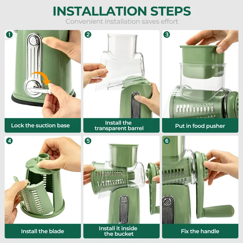Rotary Cheese Grater & Vegetable Slicer – 5 Stainless Steel Blades, Manual Food Shredder with Strong Suction Cup Base, Easy-Turn Handle for Cheese, Vegetables & More