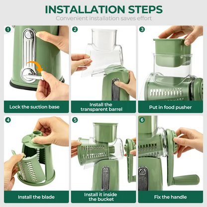 Rotary Cheese Grater & Vegetable Slicer – 5 Stainless Steel Blades, Manual Food Shredder with Strong Suction Cup Base, Easy-Turn Handle for Cheese, Vegetables & More