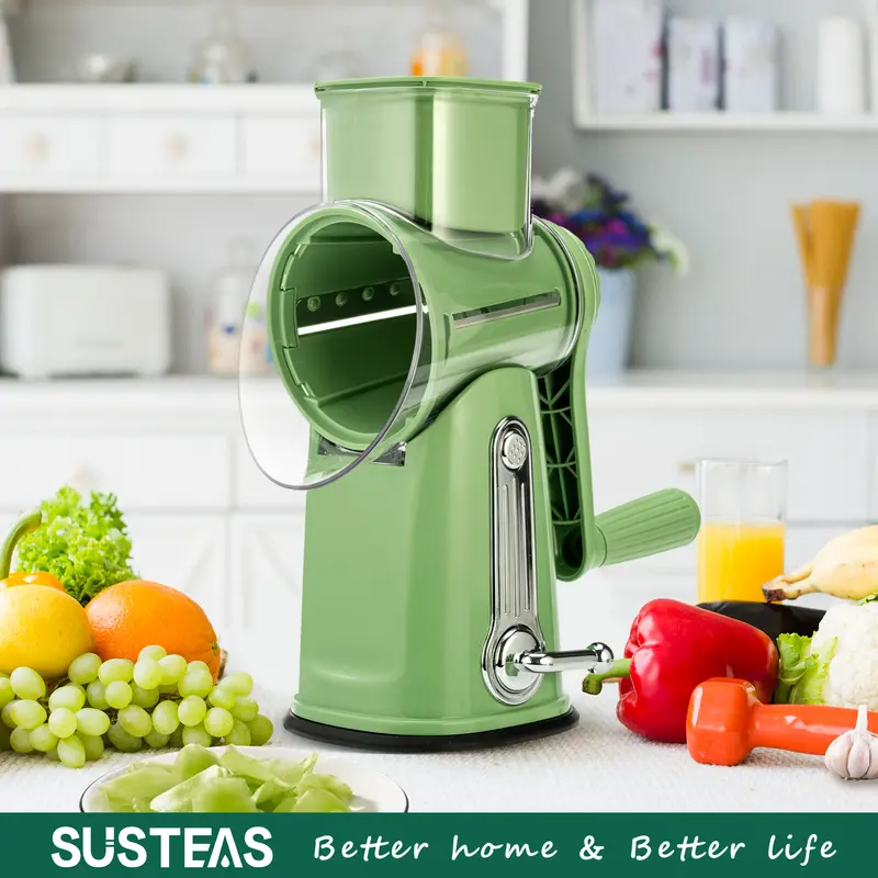 Rotary Cheese Grater & Vegetable Slicer – 5 Stainless Steel Blades, Manual Food Shredder with Strong Suction Cup Base, Easy-Turn Handle for Cheese, Vegetables & More