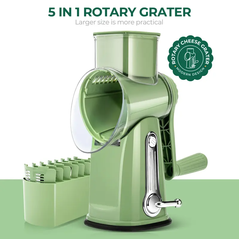 Rotary Cheese Grater & Vegetable Slicer – 5 Stainless Steel Blades, Manual Food Shredder with Strong Suction Cup Base, Easy-Turn Handle for Cheese, Vegetables & More