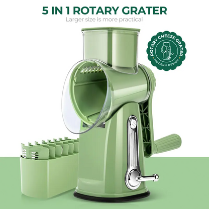 Rotary Cheese Grater & Vegetable Slicer – 5 Stainless Steel Blades, Manual Food Shredder with Strong Suction Cup Base, Easy-Turn Handle for Cheese, Vegetables & More