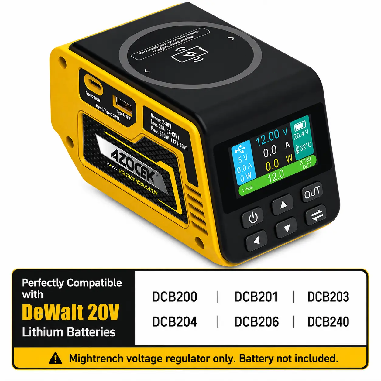 All-in-One 300W DC Power Converter – Adjustable 2–30V Voltage Regulator with 100W USB-C PD, Fast USB-A Charging, Wireless Charging & LCD Display