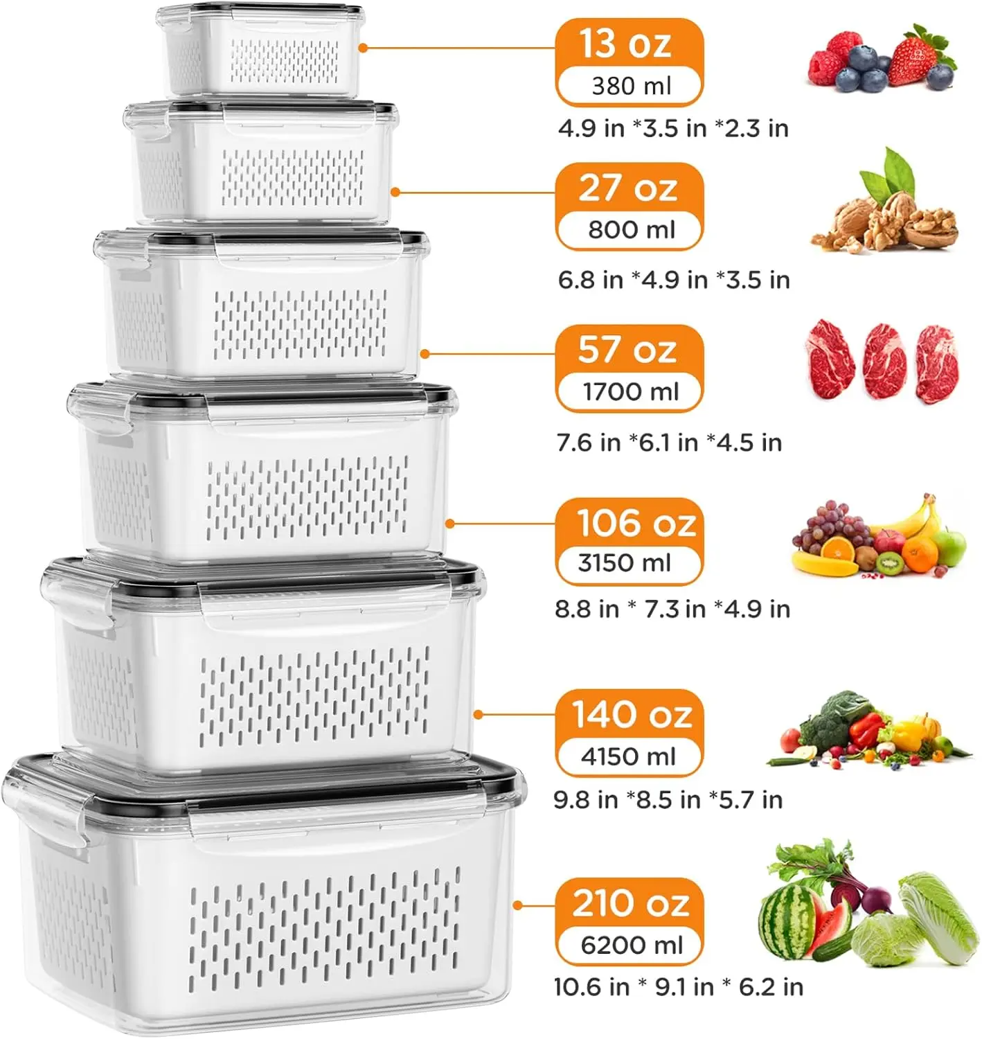 10/12 Pcs Large Fruit Containers for Fridge, Stackable Food Storage Containers with Removable Colander, BPA-Free, Airtight Storage Container to Keep Fruits, Vegetables, Berry, Meat Fresh longer