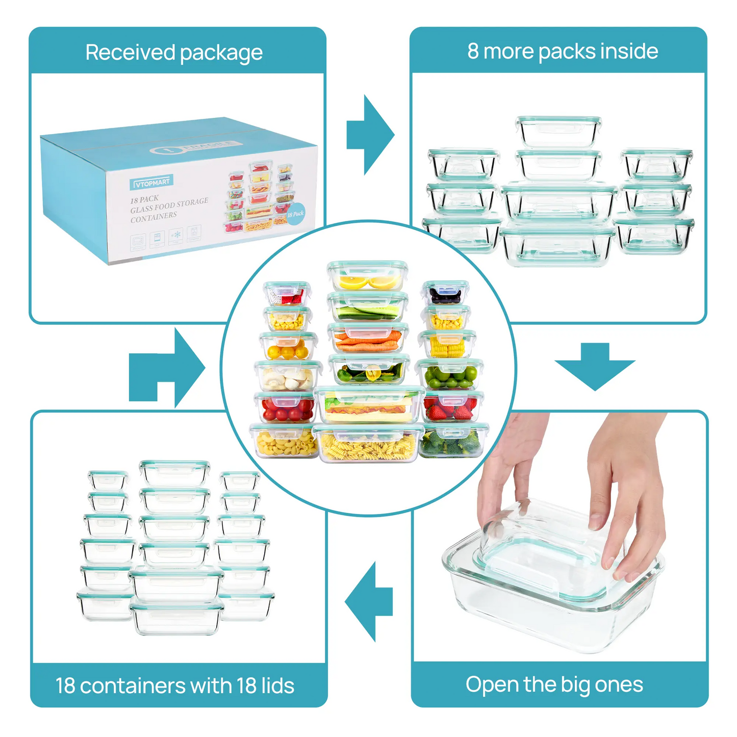 18-Pack Glass Food Storage Containers with Airtight Lids – Stackable Meal Prep Set for Kitchen Organization, Lunch, Oven, Microwave & Freezer Safe