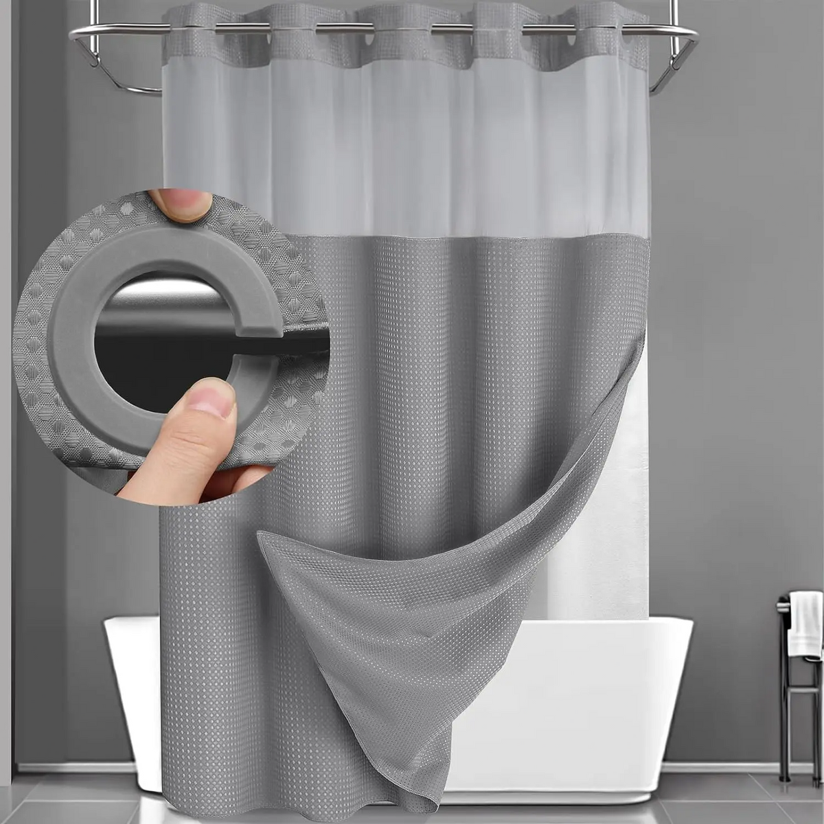 Upgrade Your Bathroomwith a No-Hook DoubleShower Curtain -Waterproof Fabric, Snap-In Liner, Easy Installation& Washable Design, 72" x75"