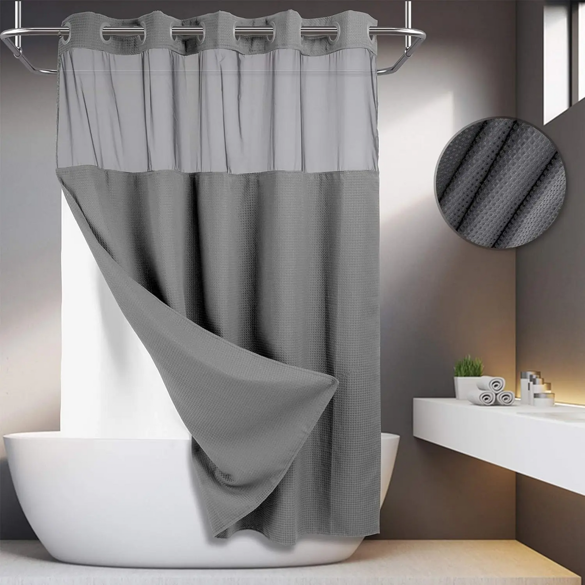 Upgrade Your Bathroomwith a No-Hook DoubleShower Curtain -Waterproof Fabric, Snap-In Liner, Easy Installation& Washable Design, 72" x75"