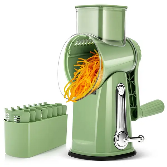Rotary Cheese Grater & Vegetable Slicer – 5 Stainless Steel Blades, Manual Food Shredder with Strong Suction Cup Base, Easy-Turn Handle for Cheese, Vegetables & More