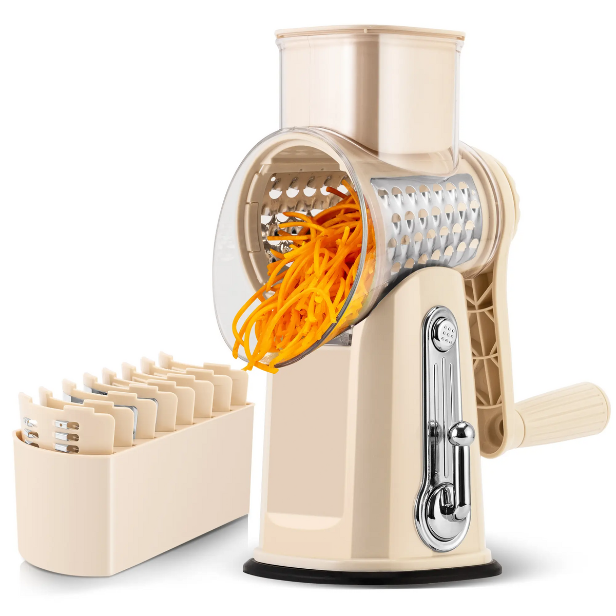 Rotary Cheese Grater & Vegetable Slicer – 5 Stainless Steel Blades, Manual Food Shredder with Strong Suction Cup Base, Easy-Turn Handle for Cheese, Vegetables & More