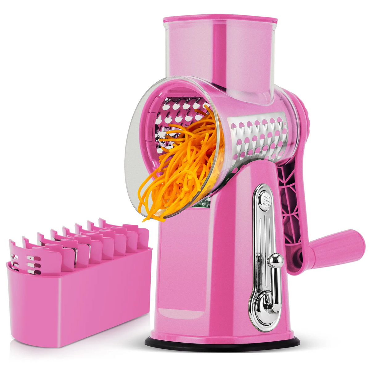 Rotary Cheese Grater & Vegetable Slicer – 5 Stainless Steel Blades, Manual Food Shredder with Strong Suction Cup Base, Easy-Turn Handle for Cheese, Vegetables & More