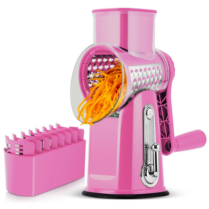 Rotary Cheese Grater & Vegetable Slicer – 5 Stainless Steel Blades, Manual Food Shredder with Strong Suction Cup Base, Easy-Turn Handle for Cheese, Vegetables & More
