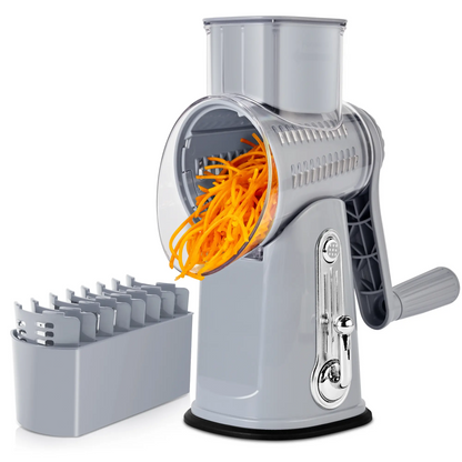 Rotary Cheese Grater & Vegetable Slicer – 5 Stainless Steel Blades, Manual Food Shredder with Strong Suction Cup Base, Easy-Turn Handle for Cheese, Vegetables & More