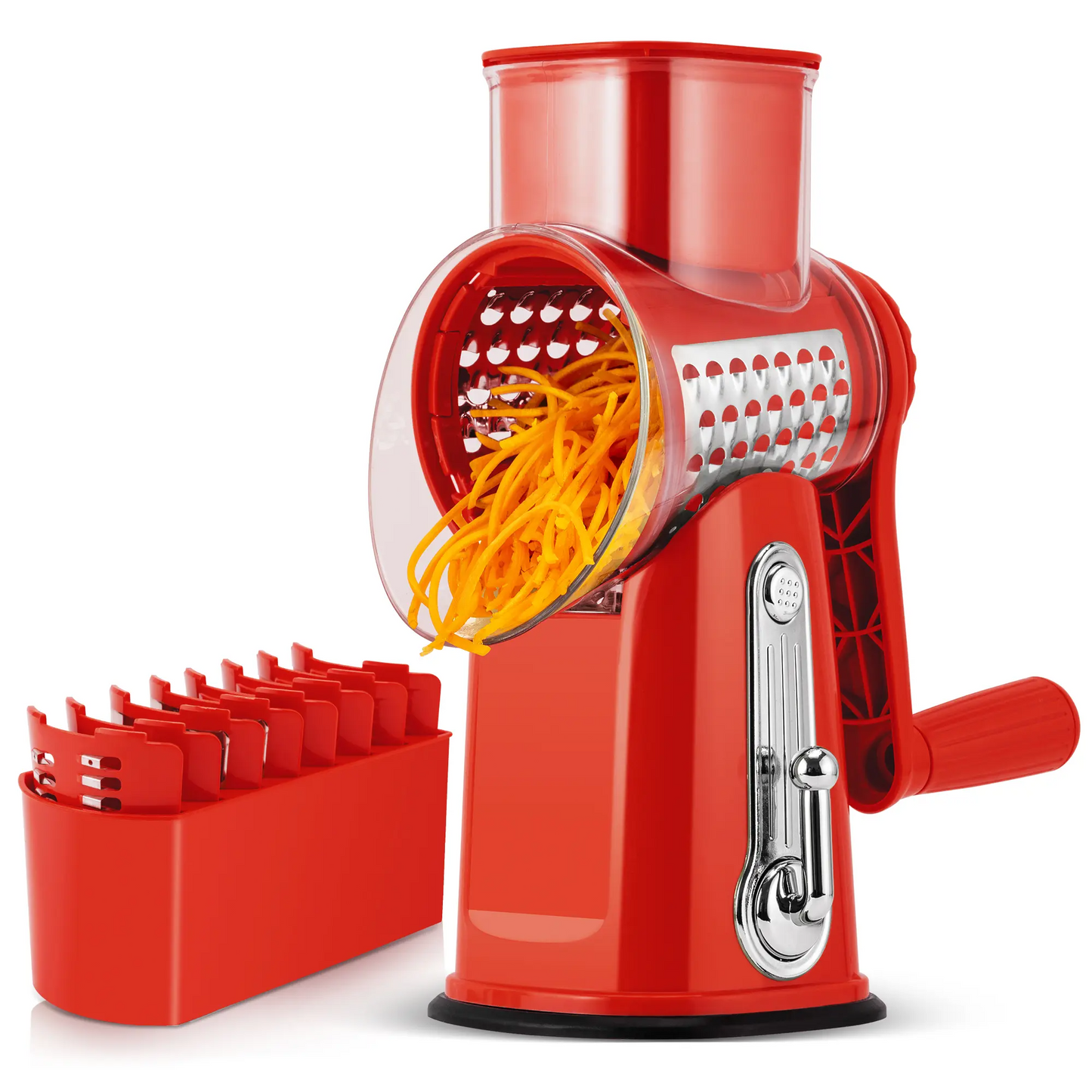 Rotary Cheese Grater & Vegetable Slicer – 5 Stainless Steel Blades, Manual Food Shredder with Strong Suction Cup Base, Easy-Turn Handle for Cheese, Vegetables & More