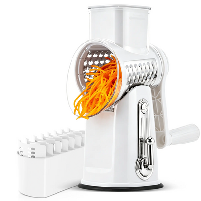 Rotary Cheese Grater & Vegetable Slicer – 5 Stainless Steel Blades, Manual Food Shredder with Strong Suction Cup Base, Easy-Turn Handle for Cheese, Vegetables & More