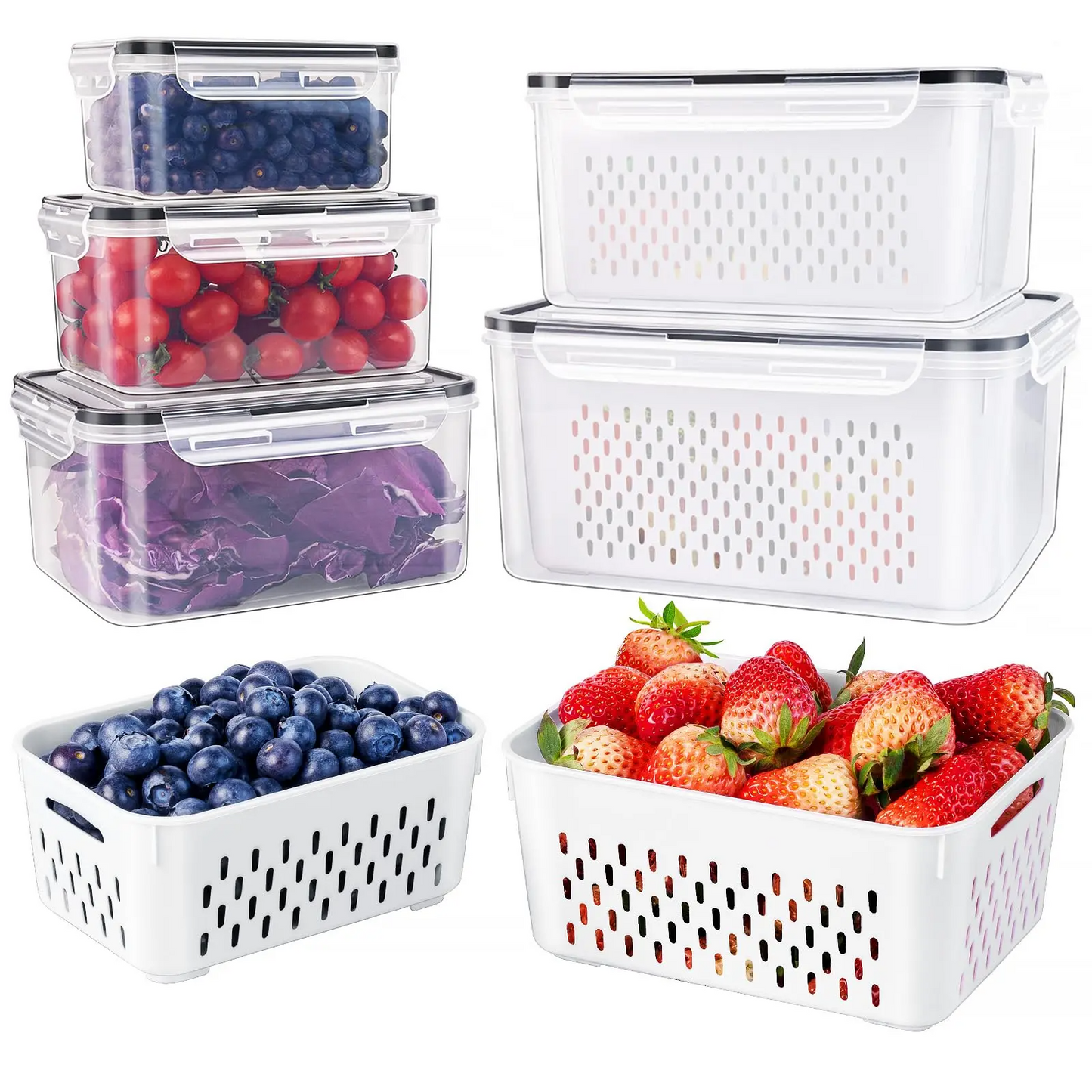 10/12 Pcs Large Fruit Containers for Fridge, Stackable Food Storage Containers with Removable Colander, BPA-Free, Airtight Storage Container to Keep Fruits, Vegetables, Berry, Meat Fresh longer