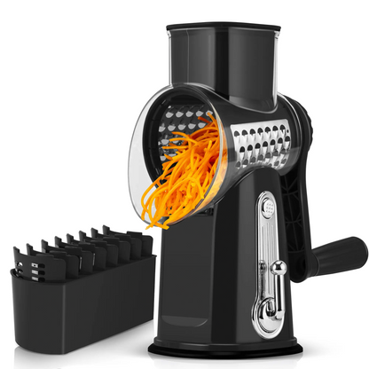 Rotary Cheese Grater & Vegetable Slicer – 5 Stainless Steel Blades, Manual Food Shredder with Strong Suction Cup Base, Easy-Turn Handle for Cheese, Vegetables & More