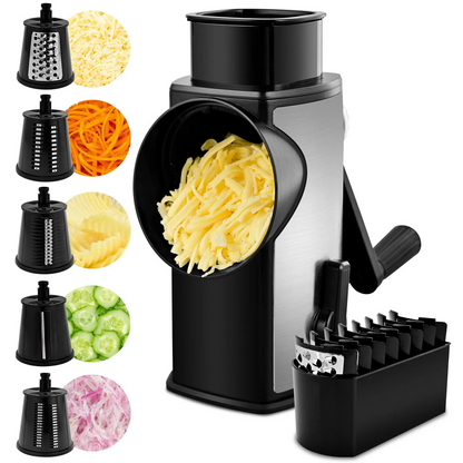 Rotary Cheese Grater & Vegetable Slicer – 5 Stainless Steel Blades, Manual Food Shredder with Strong Suction Cup Base, Easy-Turn Handle for Cheese, Vegetables & More