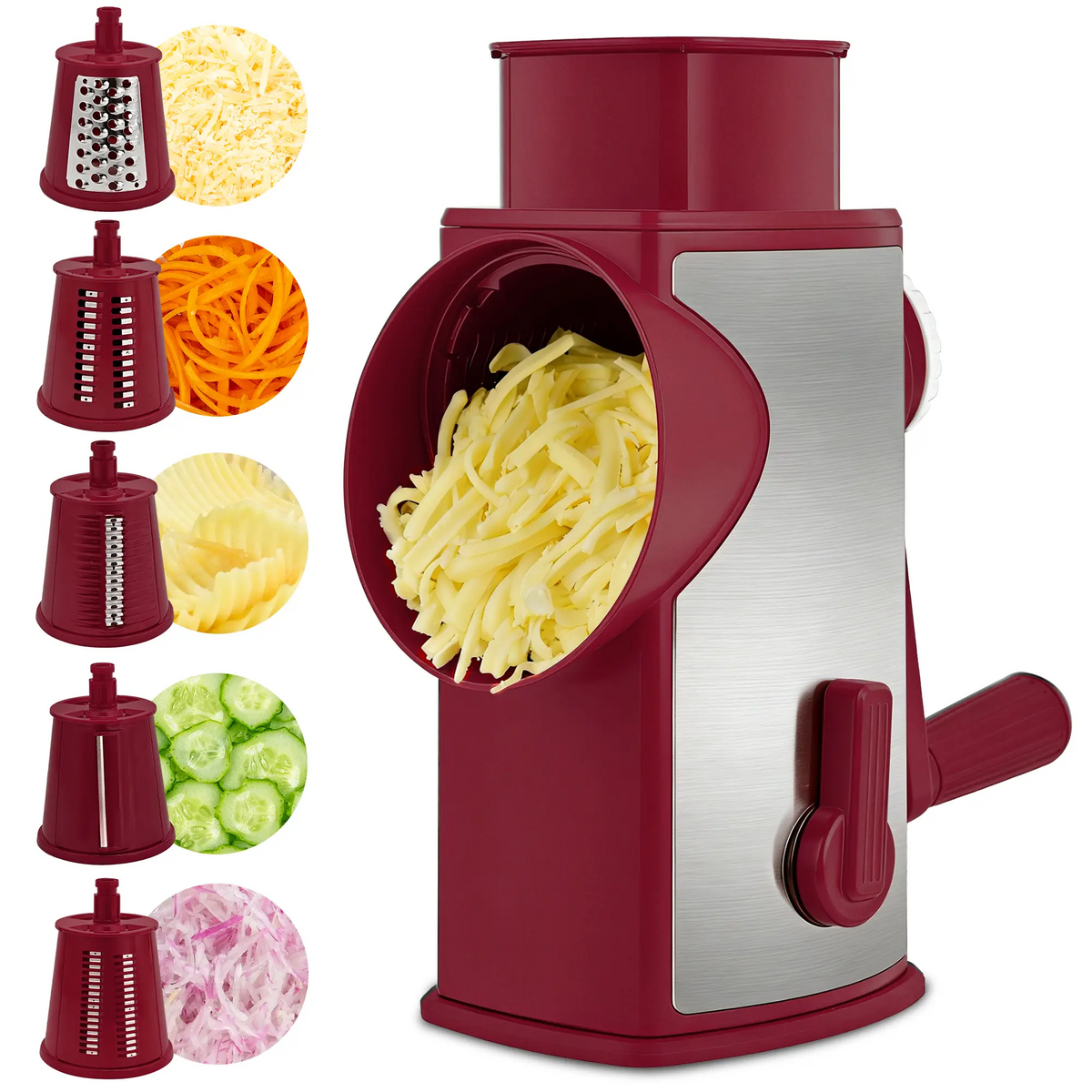 Rotary Cheese Grater & Vegetable Slicer – 5 Stainless Steel Blades, Manual Food Shredder with Strong Suction Cup Base, Easy-Turn Handle for Cheese, Vegetables & More