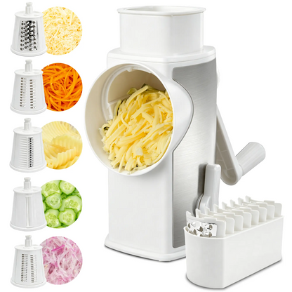 Rotary Cheese Grater & Vegetable Slicer – 5 Stainless Steel Blades, Manual Food Shredder with Strong Suction Cup Base, Easy-Turn Handle for Cheese, Vegetables & More