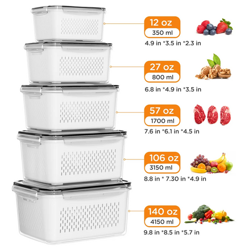10/12 Pcs Large Fruit Containers for Fridge, Stackable Food Storage Containers with Removable Colander, BPA-Free, Airtight Storage Container to Keep Fruits, Vegetables, Berry, Meat Fresh longer