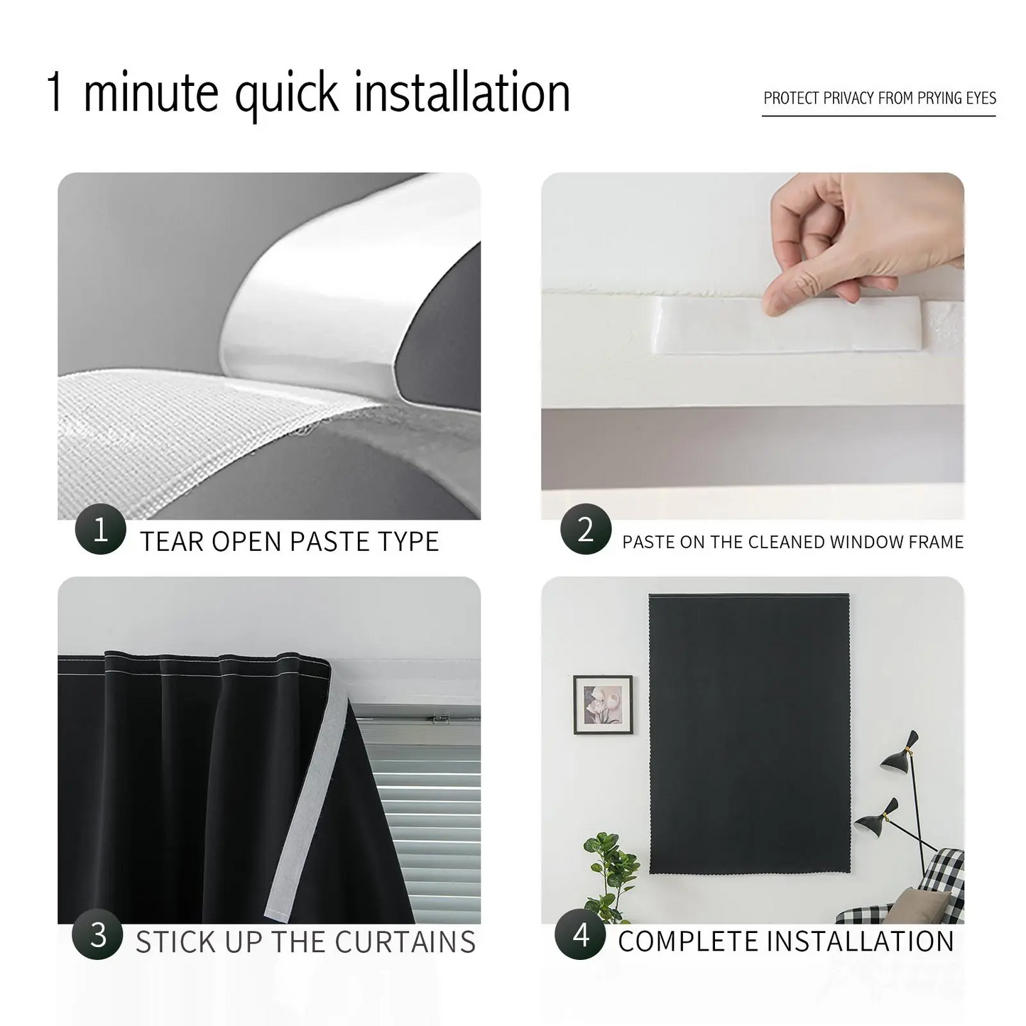 Blackout Window Curtain- No-Drill Magic TapeInstallation, Light-Blocking Privacy Shadefor Bedroom, Living Room& Kitchen