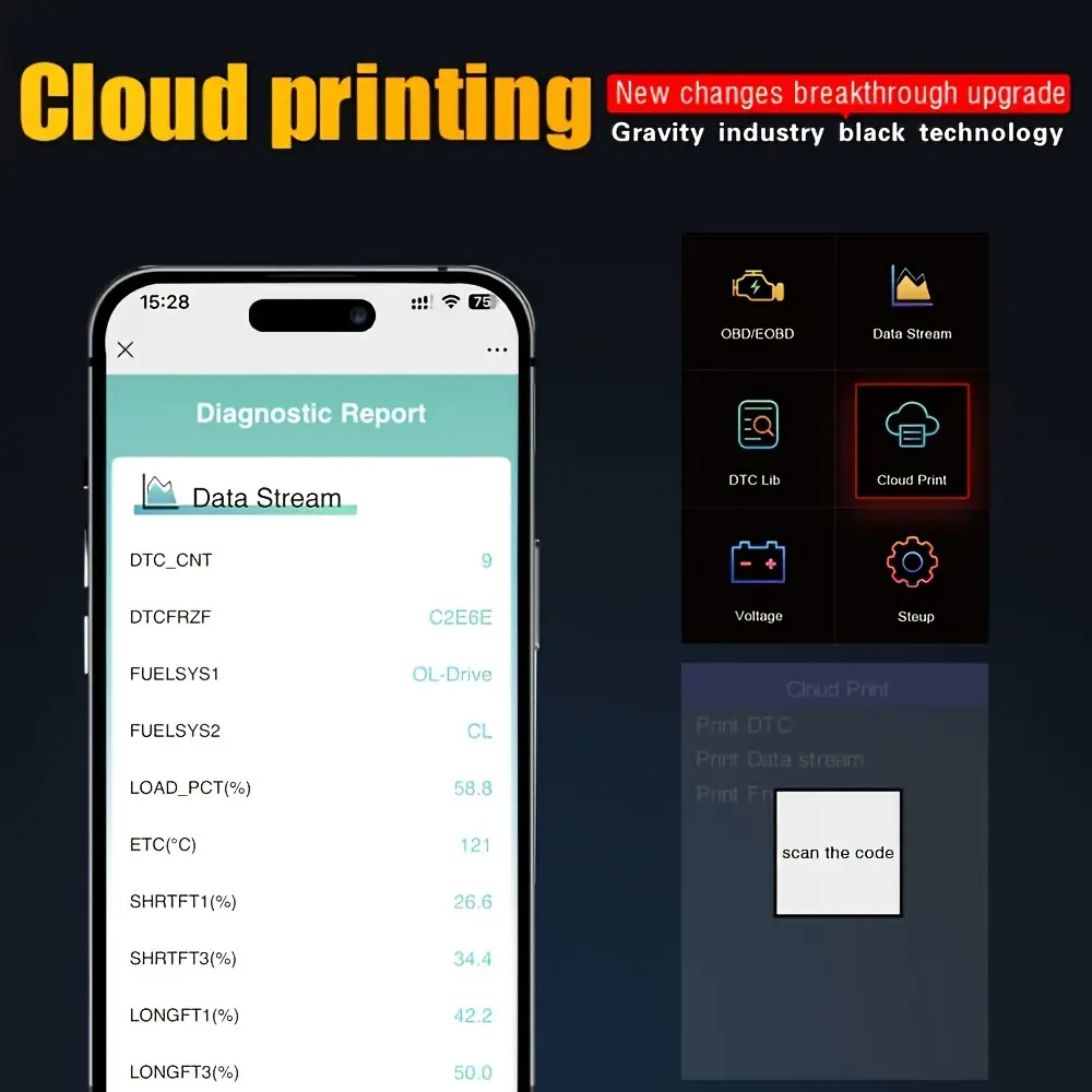 Professional OBD2 Scanner with Live Data – OBDII Diagnostic Code Reader for Check Engine Light, Dual UI Modes & Cloud Printing for Car Diagnostics