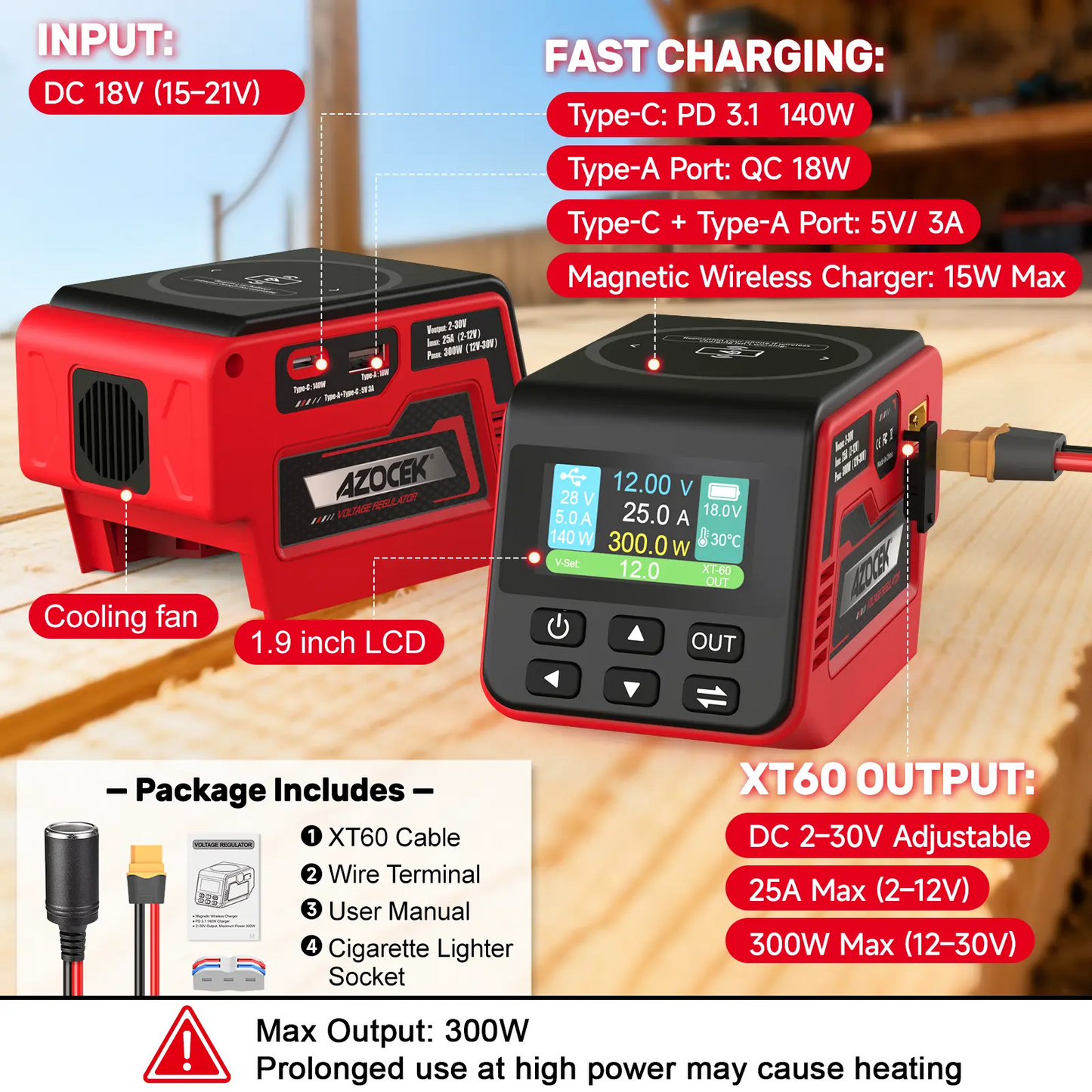 All-in-One 300W DC Power Converter – Adjustable 2–30V Voltage Regulator with 100W USB-C PD, Fast USB-A Charging, Wireless Charging & LCD Display