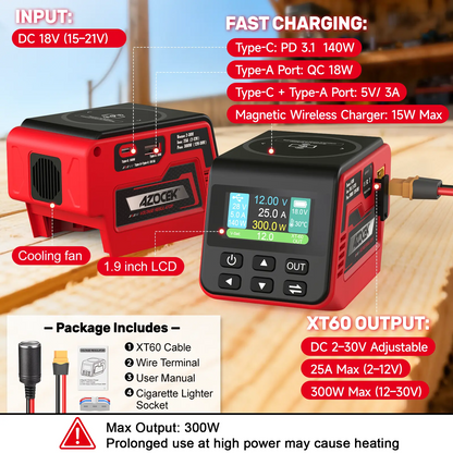 All-in-One 300W DC Power Converter – Adjustable 2–30V Voltage Regulator with 100W USB-C PD, Fast USB-A Charging, Wireless Charging & LCD Display